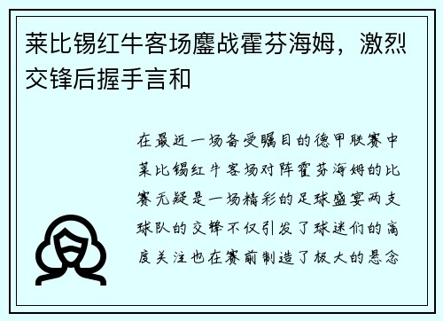 莱比锡红牛客场鏖战霍芬海姆，激烈交锋后握手言和